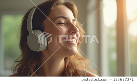 Woman listening to music with headphones, relaxed, sunlit room, joyful and peaceful vibe. Woman listening to music with headphones, relaxed, sunlit room, joyful and peaceful vibe. 125657371