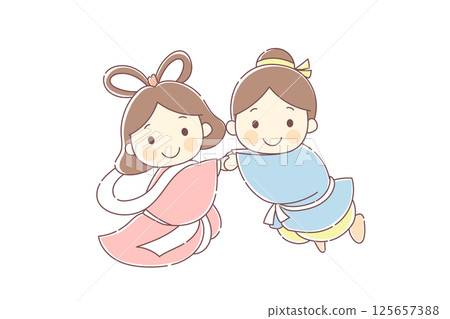 織姬和彥星手牽手的可愛向量插圖 125657388
