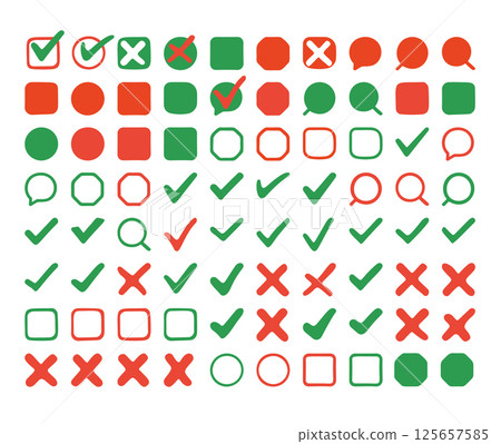 vector check and cross UI icons set with green and red flat symbols, 125657585