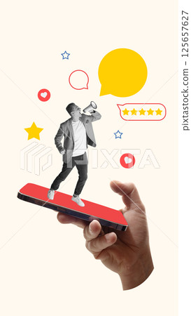 Black and white man stands on red phone shouting through megaphone with five-star rating and chat bubbles around. Black and white man stands on red phone shouting through megaphone with five-star rating and chat bubbles around. 125657627