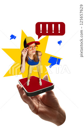 Stylish young woman on smartphone reacts to downvotes with shock as exclamation bubble floats overhead. 125657629