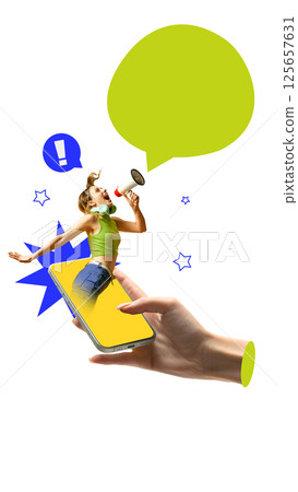 Energetic woman shouts through megaphone while emerging from phone with exclamation and stars. Energetic woman shouts through megaphone while emerging from phone with exclamation and stars. 125657631
