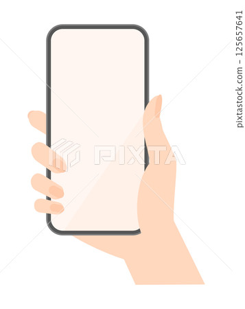 Illustration of a woman holding a smartphone - Image of a person using a smartphone to look at something, take a photo, etc. 125657641