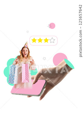 Smiling girl in party hat with gift bags emerges from smartphone next to three-star rating. Smiling girl in party hat with gift bags emerges from smartphone next to three-star rating. 125657642