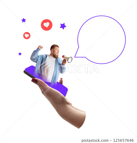 Man with beard holding megaphone steps out of smartphone surrounded by hearts and stars in bold digital collage. Positive feedback Man with beard holding megaphone steps out of smartphone surrounded by hearts and stars in bold digital collage. Positive feedback 125657646