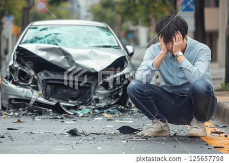 交通事故和撞毀的汽車後,一名年輕男子抱著頭 交通事故和撞毀的汽車後,一名年輕男子抱著頭 125657798