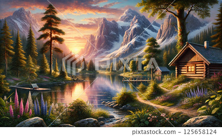 A natural landscape painting of a flower field 125658124