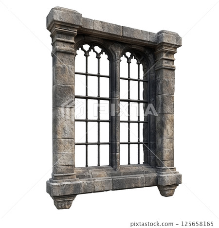 Stone window frame with metal bars, isolated on a transparent background. Rectangular masonry structure with vertical and horizontal iron bars. 125658165