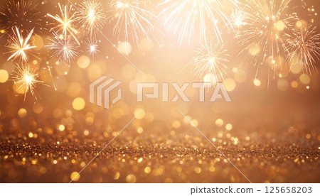 Background material decorated with fireworks and golden glitter Background material decorated with fireworks and golden glitter 125658203