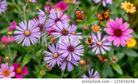 Inflorescence of lilac Ampelaster flowers with bokeh effect. The plant is covered with numerous flowers with lilac petals, and in the center of the flower sits a butterfly. 125658248