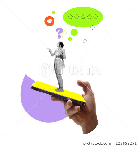 Black and white woman on smartphone reacts with confusion to five-star rating and colorful bubbles. Confusion in evaluation. Black and white woman on smartphone reacts with confusion to five-star rating and colorful bubbles. Confusion in evaluation. 125658251
