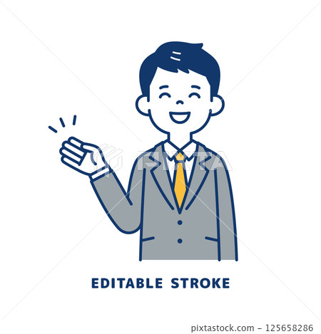Vector illustration of a young man in a suit giving directions with a smile_Line width can be edited Vector illustration of a young man in a suit giving directions with a smile_Line width can be edited 125658286