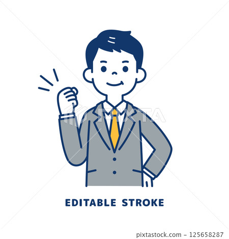 Vector illustration of a motivated young man in a suit_Line width editable 125658287