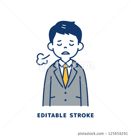 Vector illustration of a young man in a suit sighing with his shoulders dropped_Line width editable 125658291
