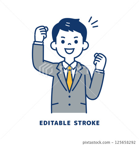 向量圖:一位身著西裝的年輕男子雙手握拳_線條寬度可編輯 向量圖:一位身著西裝的年輕男子雙手握拳_線條寬度可編輯 125658292
