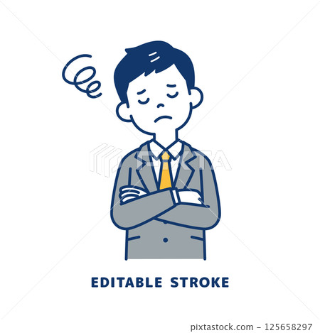 Vector illustration of a young man in a suit thinking with his eyes closed_Line width editable 125658297