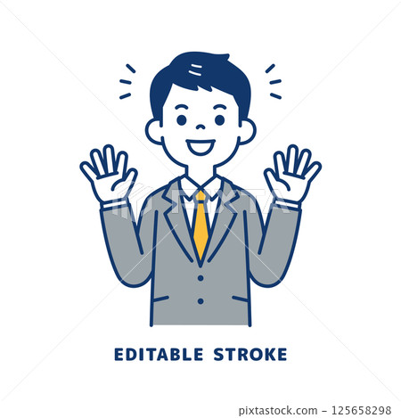 Vector illustration of a young man in a suit rejoicing with his arms open_Line width can be edited Vector illustration of a young man in a suit rejoicing with his arms open_Line width can be edited 125658298
