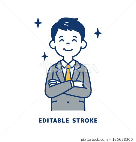 Vector illustration of a young man in a suit with a happy expression_Line width can be edited 125658300