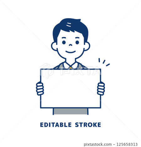 向量圖：一位身穿西裝、手拿白色人字拖的年輕男子_線條寬度可編輯 125658313