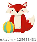 A charming digital illustration of a playful red fox in a forest clearing engaging with a colorful ball. 125658431