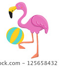 Flamingo playing with beach ball tropical island illustration vibrant colors playful scene 125658432