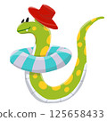 A cheerful cartoon snake enjoys a summer day floating in a pool with a lifebuoy. 125658433
