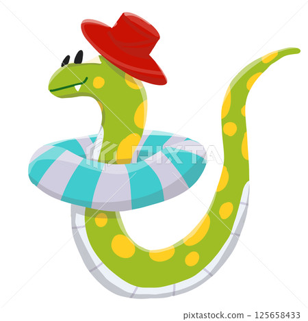 A cheerful cartoon snake enjoys a summer day floating in a pool with a lifebuoy. 125658433