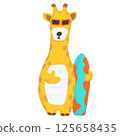 A cheerful giraffe in sunglasses holds a surfboard embodying a fun beach vibe. 125658435