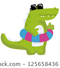 A cheerful cartoon crocodile enjoys a sunny day by the pool radiating fun and positivity. 125658436
