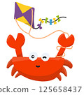 A whimsical cartoon of a crab joyfully flying a kite on a sunny beach capturing playful summer vibes. 125658437