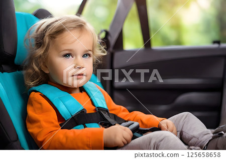 The child is sitting in the car, securely fastened with seat belts in the car seat. 125658658