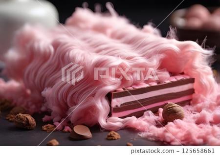 Trendy pink Angel Hair Chocolate bar with Turkish pishmaniye cotton candy filling close up 125658661