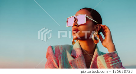 Y2K confident woman in oversized futuristic sunglasses posing at sunset with elegance Y2K confident woman in oversized futuristic sunglasses posing at sunset with elegance 125658723