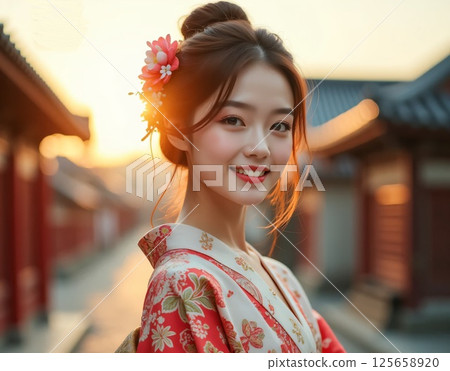 一位身著和服的女子站在神社院內,欣賞美麗的夕陽 一位身著和服的女子站在神社院內,欣賞美麗的夕陽 125658920