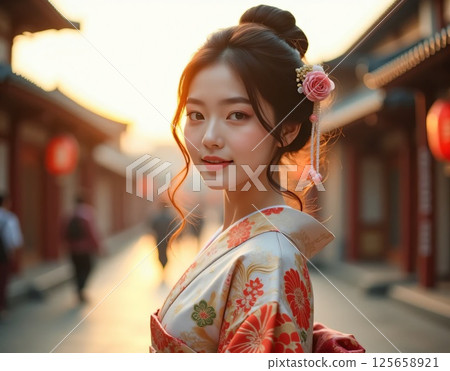 A woman who comes to sightsee and walks around wearing a kimono 125658921