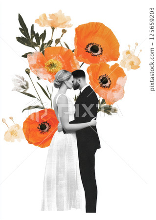 Bride and groom with half faces covered by flowers, surreal concept 125659203