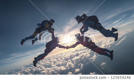 Skydiving team flying in the blue sky 125659246