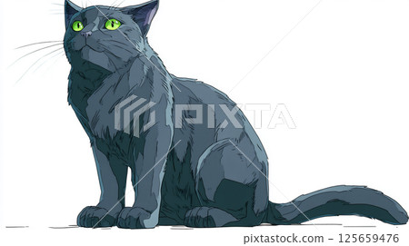 Illustration of a black cat with sparkling green eyes 125659476