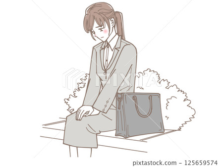 坐在公園裡的沮喪的年輕女性辦公室職員 125659574