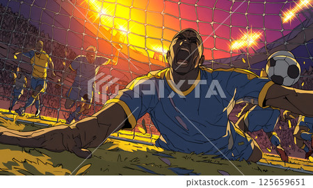 Soccer player performing a goal performance 125659651