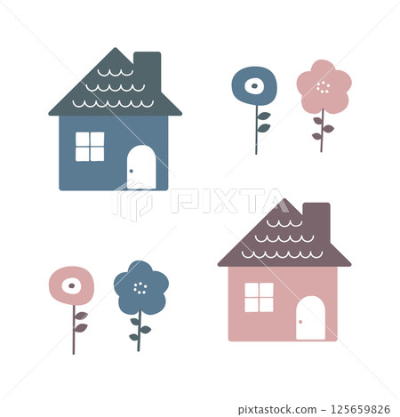 斯堪的納維亞風格的房子和花卉插圖 125659826