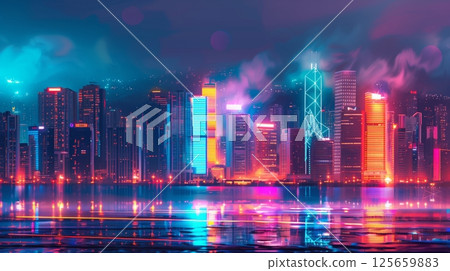 A vibrant cityscape at night with illuminated skyscrapers and neon lights captures urban life's dynamic essence. 125659883