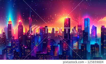 A vibrant night cityscape with illuminated skyscrapers, neon signs, and a dynamic, colorful atmosphere. 125659884