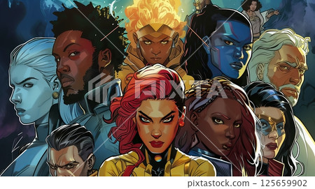A vibrant comic book cover featuring diverse heroes uniting to protect their city from looming threats. A vibrant comic book cover featuring diverse heroes uniting to protect their city from looming threats. 125659902