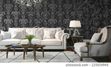 Damask wallpaper adds timeless elegance to a modern living room, blending classic patterns with chic decor. 125659948