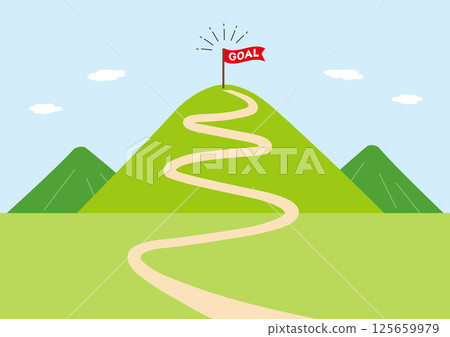 終點線上有一面旗幟的山和路的插圖_2 125659979