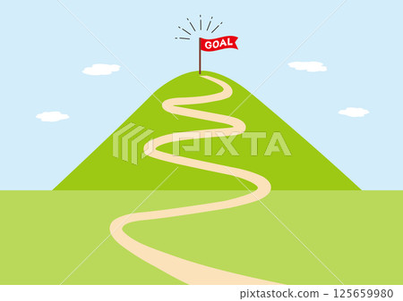 終點線上有一面旗幟的山和路的插圖 125659980