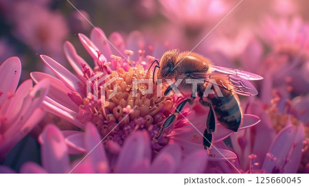 A close-up captures a bee gathering pollen from a vibrant flower, showcasing nature's pollination process. 125660045