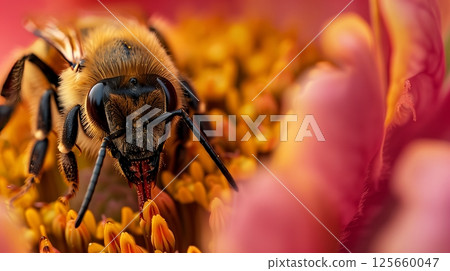 Bee gathers pollen from vibrant flower, showcasing intricate wing details and delicate petals. Bee gathers pollen from vibrant flower, showcasing intricate wing details and delicate petals. 125660047