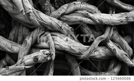 Knot patterns in nature, like twisted vines and gnarled roots, showcase the beauty of organic growth. 125660086